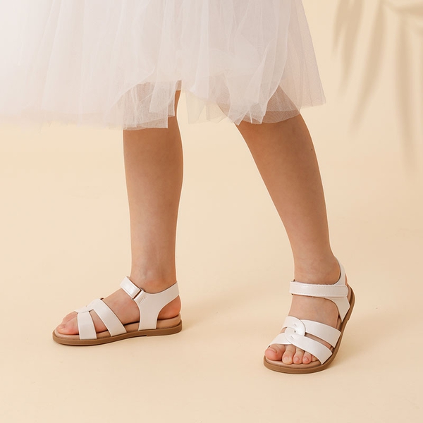 Girls Ankle Strap Strappy Flat Sandals - WHITE PU - 4